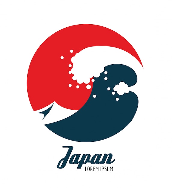 赤い円の海の波 日本のアイコンデザイン フラットな要素 ベクトルイラスト プレミアムベクター