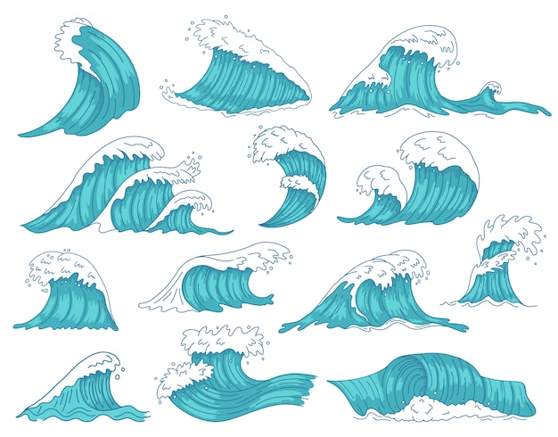 海洋の波 海手描き津波や嵐の波 海洋水シャフト オーシャンビーチサーフィン波イラストアイコンセット 津波の嵐 海の波の動き プレミアムベクター