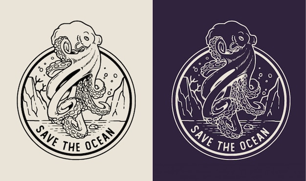 Premium Vector Octopus Save The Ocean Monoline Badge