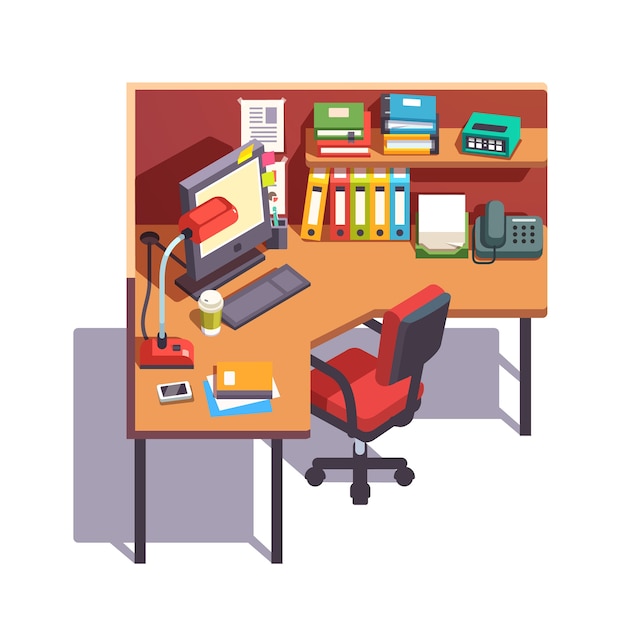 Office Cubicle Working Desk With Desktop Computer Free Vector