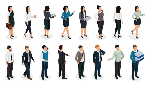 Office people in business clothing in various posture with accessories isometric set isolated Free Vector