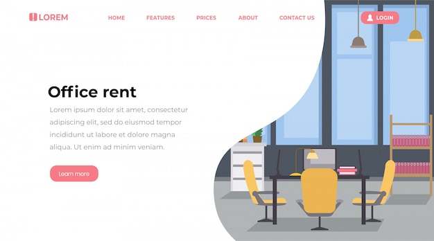 Office rent landing page flat template. empty workspace interior, corporate workplace with modern furniture Premium Vector
