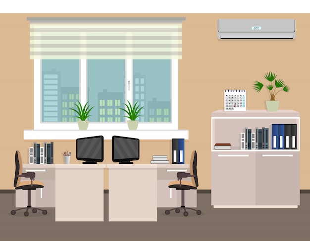 Office Room Interior Including Two Work Spaces With Cityscape