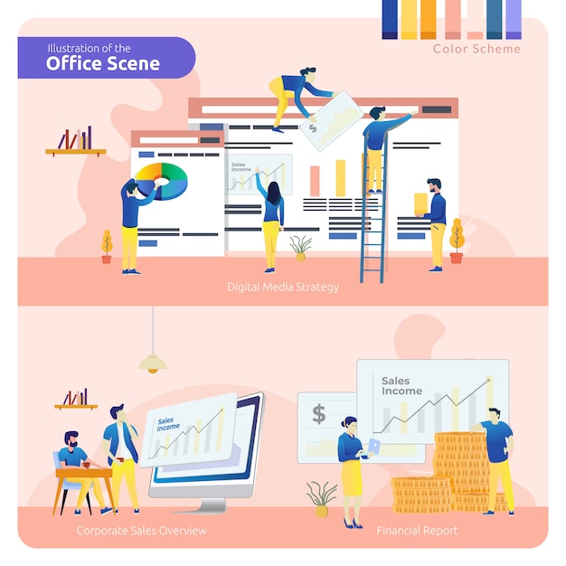 Office scene in set of pack, digital media strategy, corporate sales overview and financial report Premium Vector