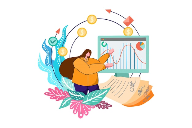  Office woman doing business presentation finance web illustration