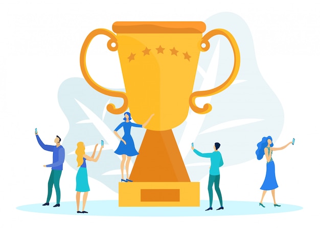 Office Workers Celebrating Trophy Taking Photos Vector Premium