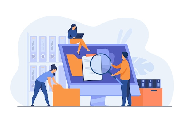 サーバーまたはコンピューター上のデータストレージとファイルアーカイブを整理するオフィスワーカー 漫画イラスト 無料のベクター