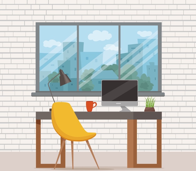 Premium Vector | Office workplace interior cartoon design