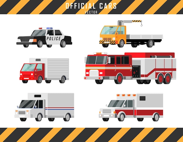 Premium Vector Official Cars Vector Icons Set Ambulance Police Fire Truck Mail Truck Tow Truck Crane Truck Lorry Illustration Cartoon Style