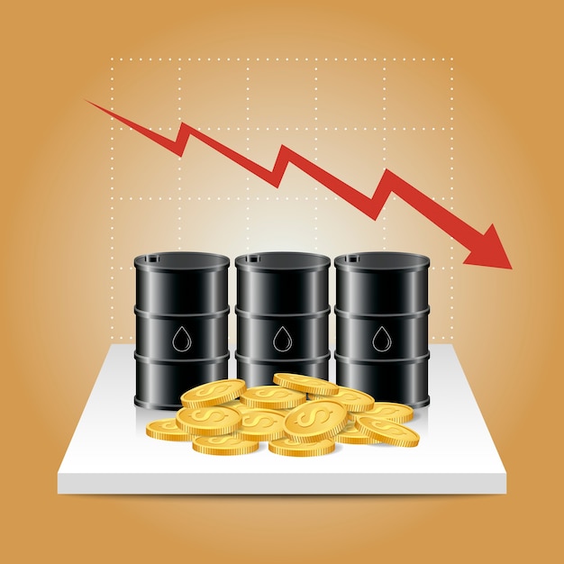 Oil industry concept. oil price falling down graph with oil tank and dollar coins. Premium Vector