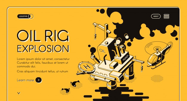 Oil rig explosion isometric web banner. oil spill around burning oil platform line Free Vector