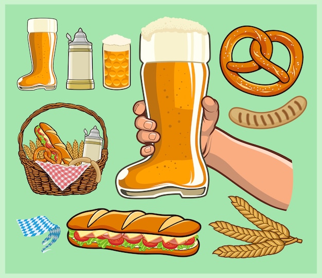 オクトーバーフェスト ビールブーツグラス ビールスタインマグカップ 食べ物と飲み物のバスケット プレミアムベクター
