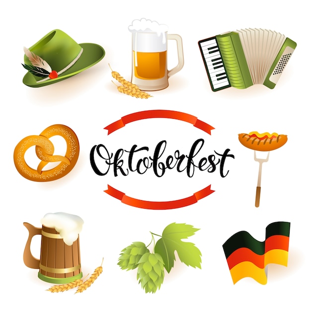 Premium Vector | Oktoberfest icon set with hat, accordion, sausage ...