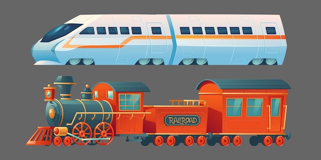 古くて現代の列車 アンティークの蒸気機関車と現代の地下鉄機関車 灰色の背景に分離された都市鉄道の通勤電車の側面図 漫画イラスト 無料のベクター