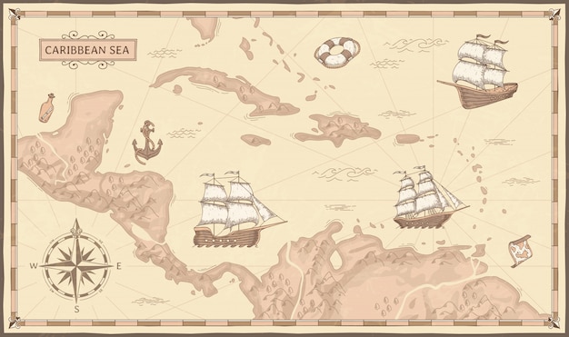 古いカリブ海の地図 古代の海賊ルート ファンタジーの海の海賊船 ビンテージ海賊マップイラスト プレミアムベクター