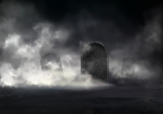 傾斜墓石と夜の現実的なベクトルで古い墓地は暗闇のイラストで厚い霧をカバー 無料のベクター