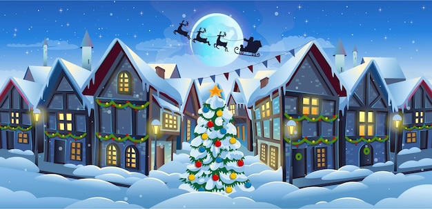 Old city street with chalet style houses and christmas tree in winter vector cartoon illustration Pr