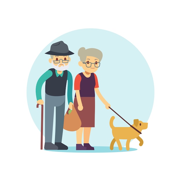 Premium Vector | Old couple walking with cute dog. eldery family