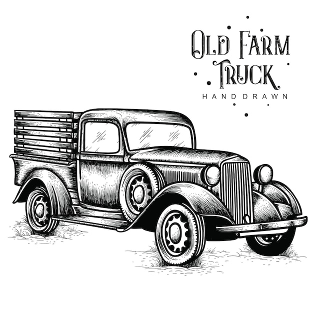 Premium Vector Old Farm Truck Hand Drawn, Old Farm Truck