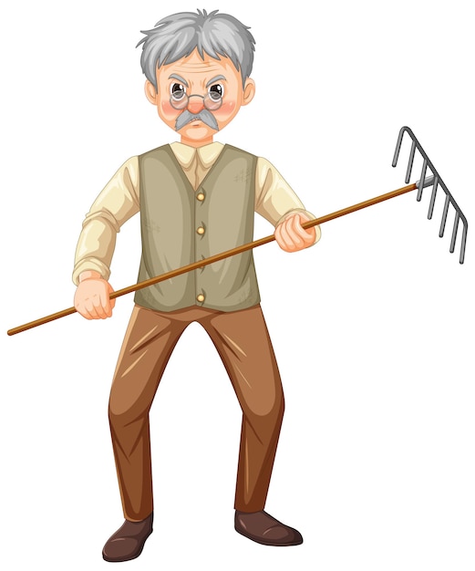 Premium Vector | Old farmer man cartoon character holding rake garden tool