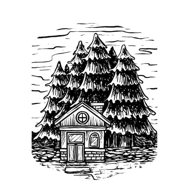 プレミアムベクター 古い家と夜景イラストの木