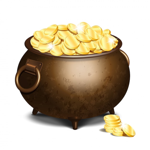 Premium Vector | Old iron cauldron full of gold coins