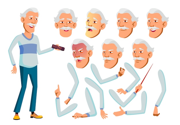 Old man character. asian. creation constructor for animation. face emotions, hands. Premium Vector