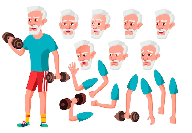 Old man character. european. creation constructor for animation. face emotions, hands. Premium Vector