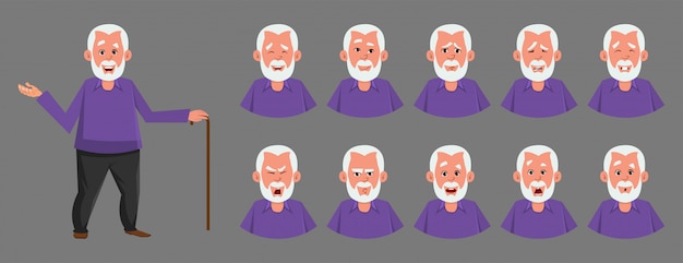 さまざまな顔の感情を持つ老人キャラクター プレミアムベクター