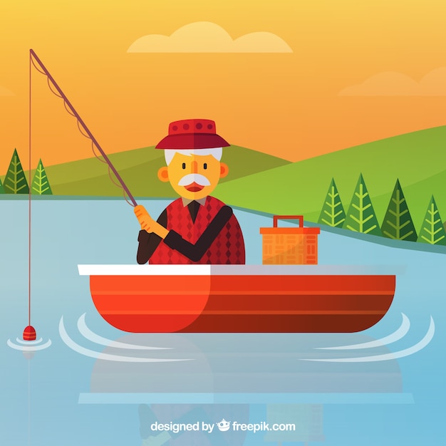 Old man fishing in a boat background