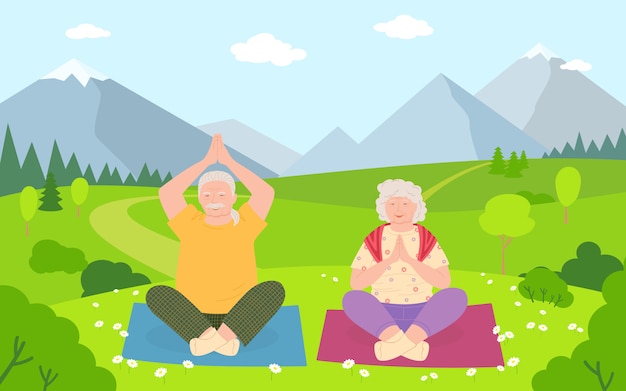 Premium Vector Old Men And Women Do Yoga Cartoon Healthy Active Lifestyle Older People Summer Outdoor