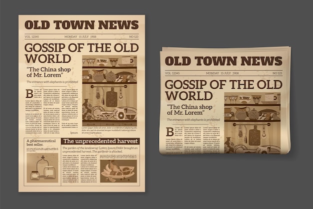 Premium Vector Old Newspaper Vintage Magazine Front Page Mockup Two Realistic Monochrome Pages Templates Historical Sepia Sheet Of Journal Daily News And Advertising Vector Retro Concept