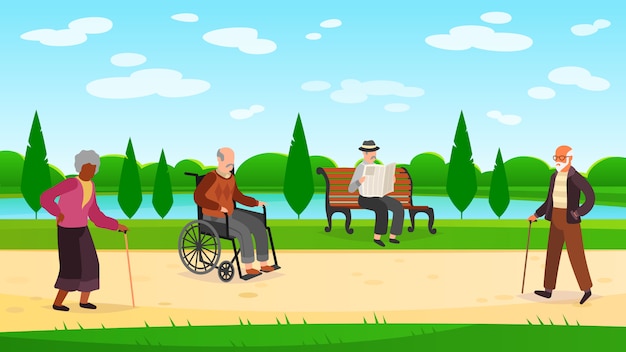 公園を歩いている老人 屋外キャラクターおじいちゃんおばあちゃん散歩ベンチ自転車高齢男性女性アクティブ年金受給者バナー プレミアムベクター