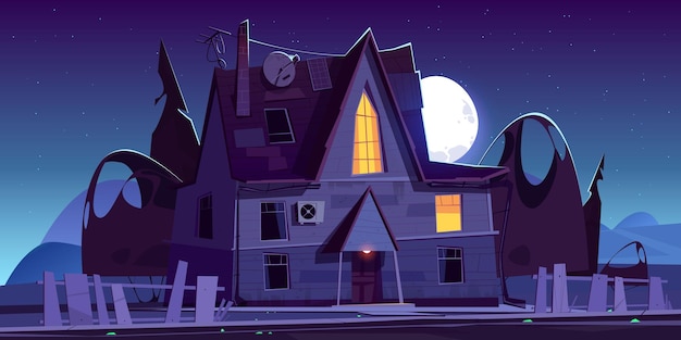 夜に光る窓のある古い怖い家 不気味な木造の邸宅 壊れたフェンス 木々の暗いシルエットと空の月のある漫画の風景 無料のベクター