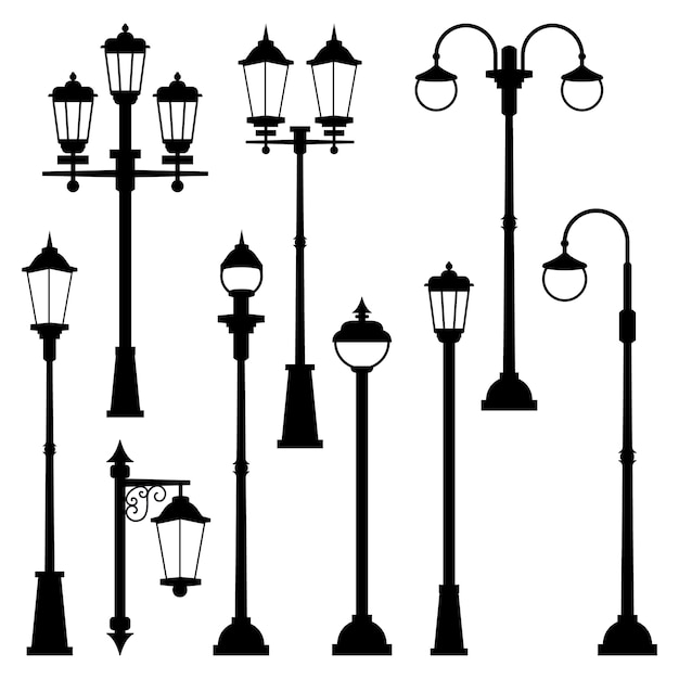 古い街灯はモノクロスタイルに設定されています イラストは分離します アーバンランタン街灯クラシック プレミアムベクター