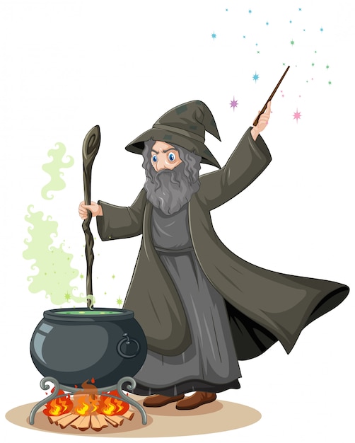 Free Vector Old Wizard With Black Magic Pot And Magic Wand Cartoon Style On White Background