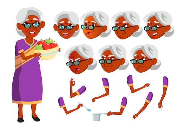 歳の女性キャラクター インド人 アニメーションの作成コンストラクター 顔の感情 手 プレミアムベクター