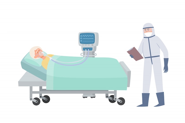 酸素マスクと人工呼吸器と病院のベッドの老婆 プレミアムベクター
