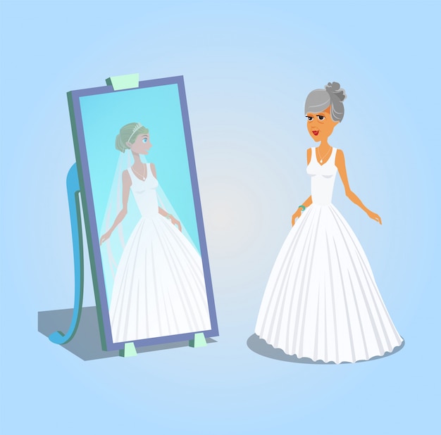 Download Old woman in wedding dress vector illustration. | Premium ...