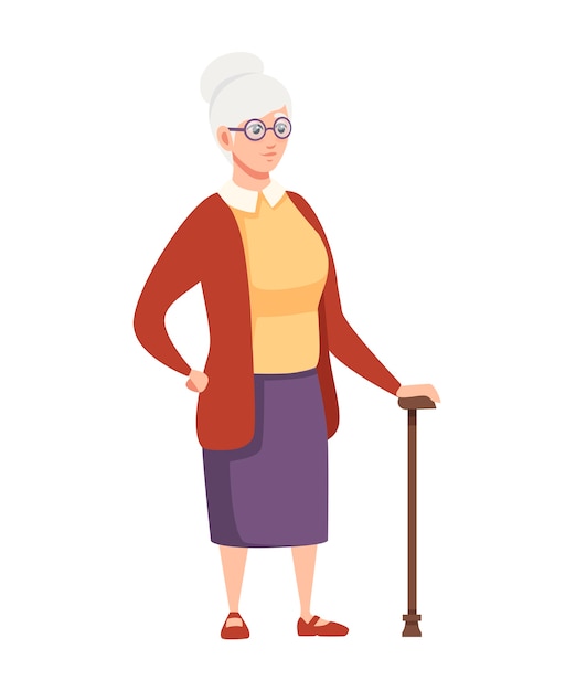 Premium Vector | Old women standing with cane and glasses cartoon ...