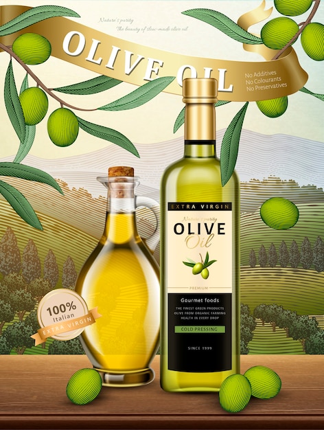 オリーブオイルの広告 イラストの絶妙なオリーブオイル製品 彫刻スタイルの自然果樹園 プレミアムベクター