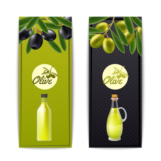 Olive oil bottle and pourer with black and\
green olives vertical banners set abstract isolated vecto