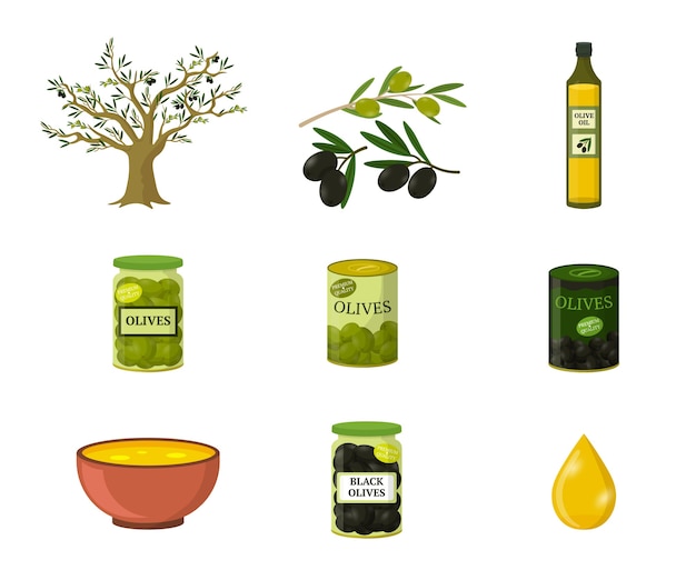 オリーブオイルフラットイラストセット 地中海の食品成分 白い背景に分離された石油生産クリップアートパック ガラス瓶や金属缶で漫画の黒と緑のオリーブ プレミアムベクター