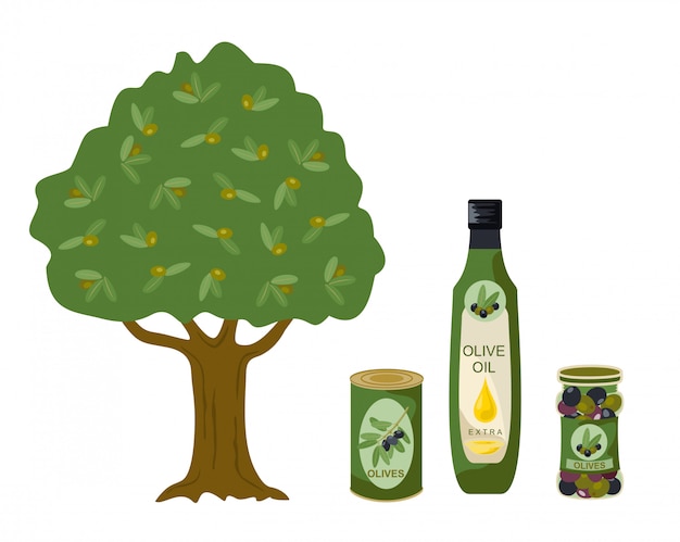 オリーブ製品コレクション オリーブの木 オイル ボトルのイラスト オリーブオイルのボトル 容量ボトル オリーブの缶詰 プレミアムベクター