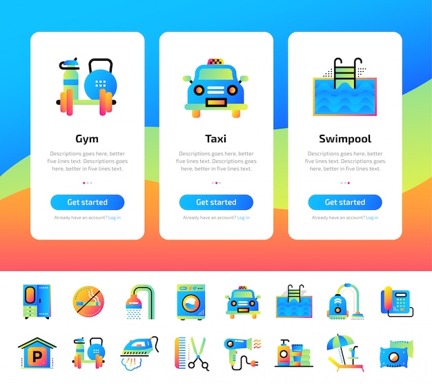 ホテルサービスイラストのオンボーディングアプリ画面セット プレミアムベクター