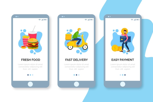 Download Free Free Vector Onboarding Screens Food Delivery On Mobile Phone Use our free logo maker to create a logo and build your brand. Put your logo on business cards, promotional products, or your website for brand visibility.