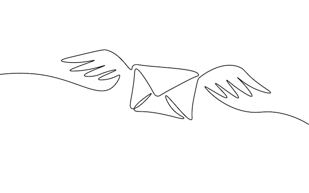 1行の紙の封筒 黒と白のモノクロ連続単線画 メールメッセージポストレター送信イラストスケッチ外形図 プレミアムベクター