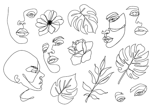 Premium Vector One Line Set Continuous Line Drawing Abstract Woman Portraits Flowers Monstera Leaves Isolated On White Surreal Female Face Linear Contour Illustration Minimal Outline Silhouette