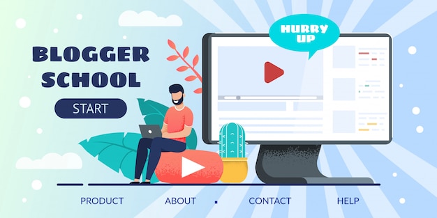 Online blogger school landing page for e-learning Premium Vector