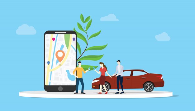 Online car sharing for city transportation with smartphone app maps location gps Premium Vector